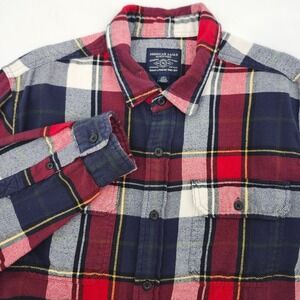 American Eagle Men Plaid Flannel Shirt Large Red Blue Classic Cabincore Rugged‎